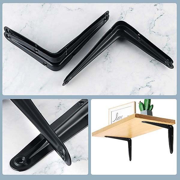 2pcs(1 Pair) Shelf Brackets Black, Heavy Duty Steel Metal L Brackets for Shelves, J Wall Angle Corner Brace for Wood Board Mounting Hardware DIY Wall Mounted Shelf Support Floating Book Ledge