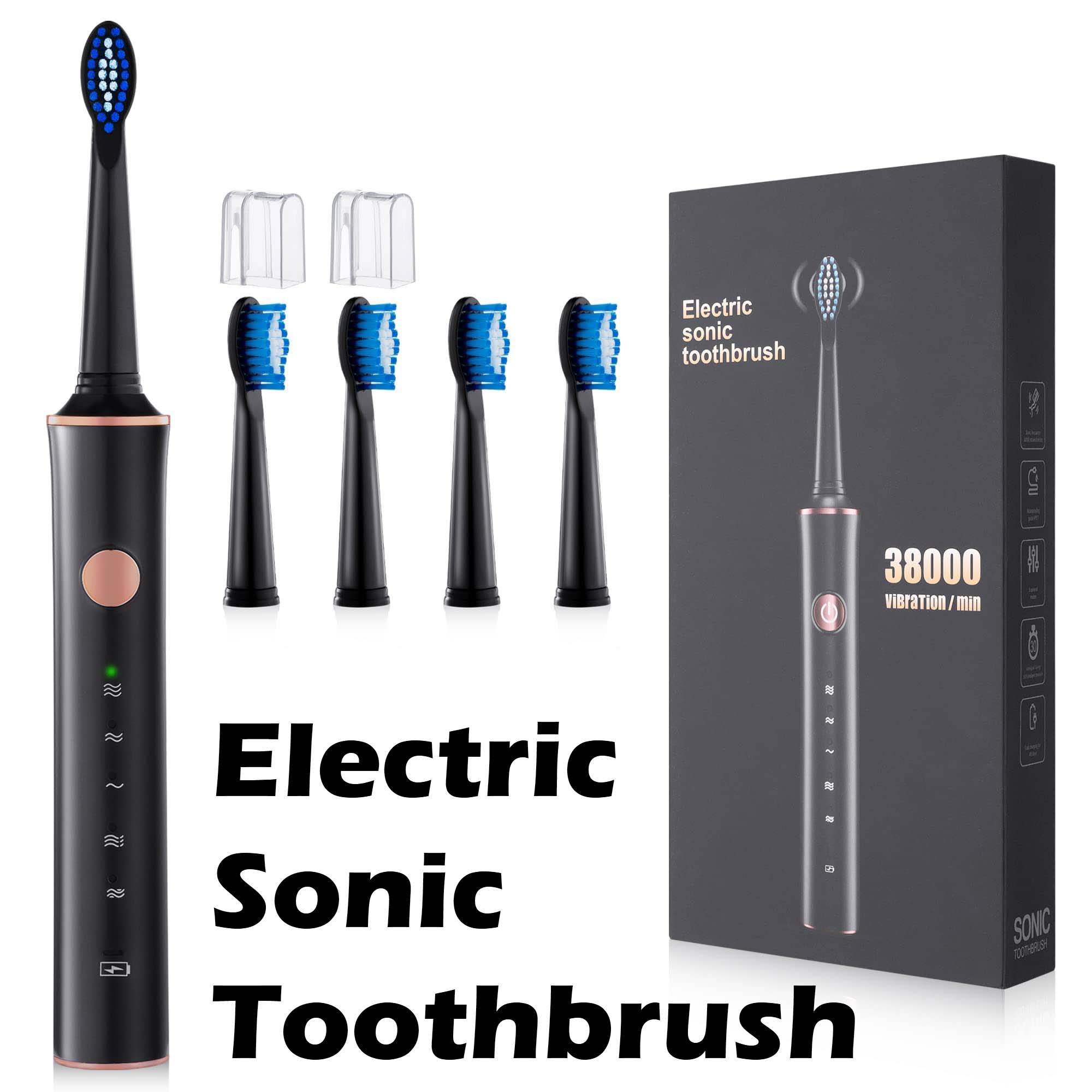Electric Toothbrush 4 Dupont Brush Heads 5 Modes IPX7 Waterproof Premium Quality 38000 VPM Motor 2hrs Fast Charge for 45 Day Use Powered Toothbrush Rechargeable Sonic Toothbrush Whitening Soft Clean f