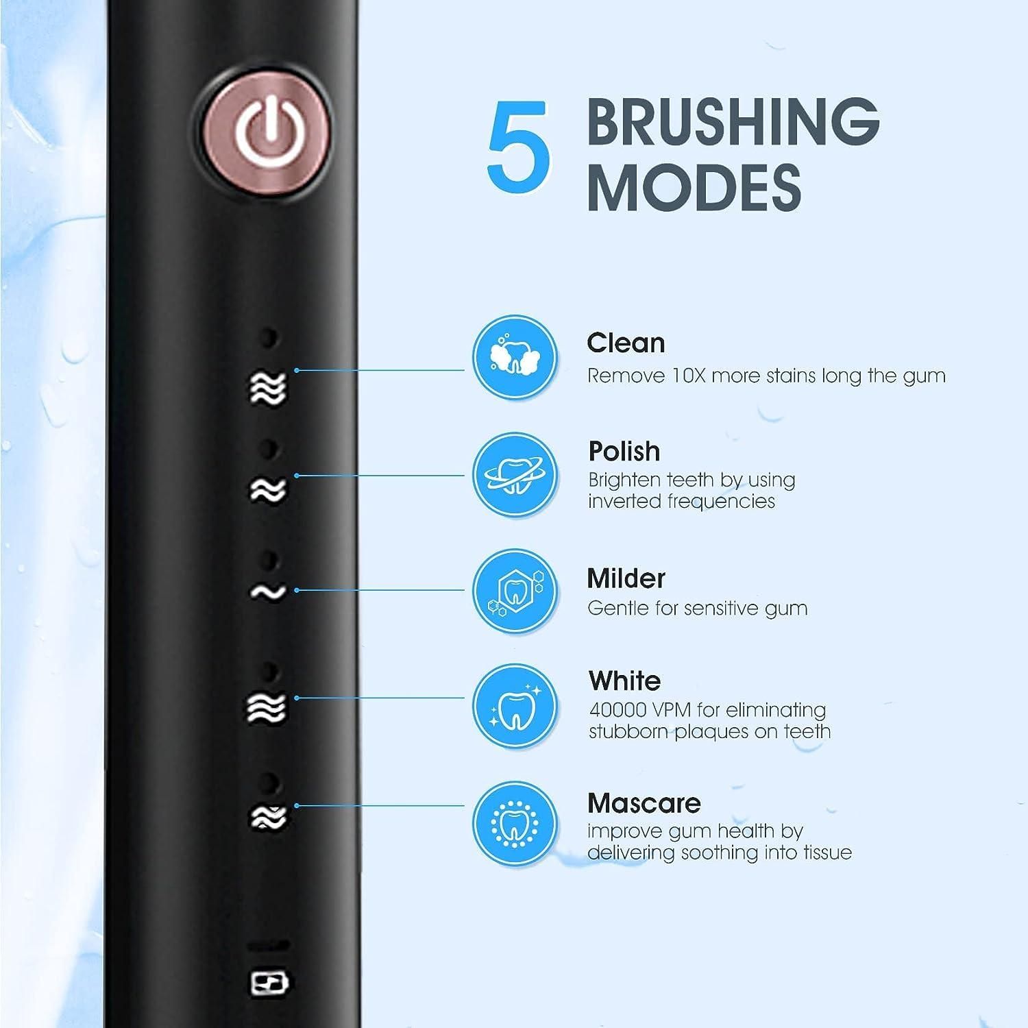Electric Toothbrush 4 Dupont Brush Heads 5 Modes IPX7 Waterproof Premium Quality 38000 VPM Motor 2hrs Fast Charge for 45 Day Use Powered Toothbrush Rechargeable Sonic Toothbrush Whitening Soft Clean f