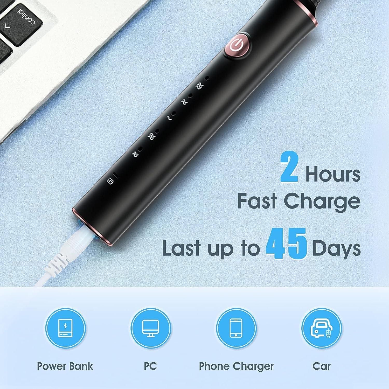 Electric Toothbrush 4 Dupont Brush Heads 5 Modes IPX7 Waterproof Premium Quality 38000 VPM Motor 2hrs Fast Charge for 45 Day Use Powered Toothbrush Rechargeable Sonic Toothbrush Whitening Soft Clean f