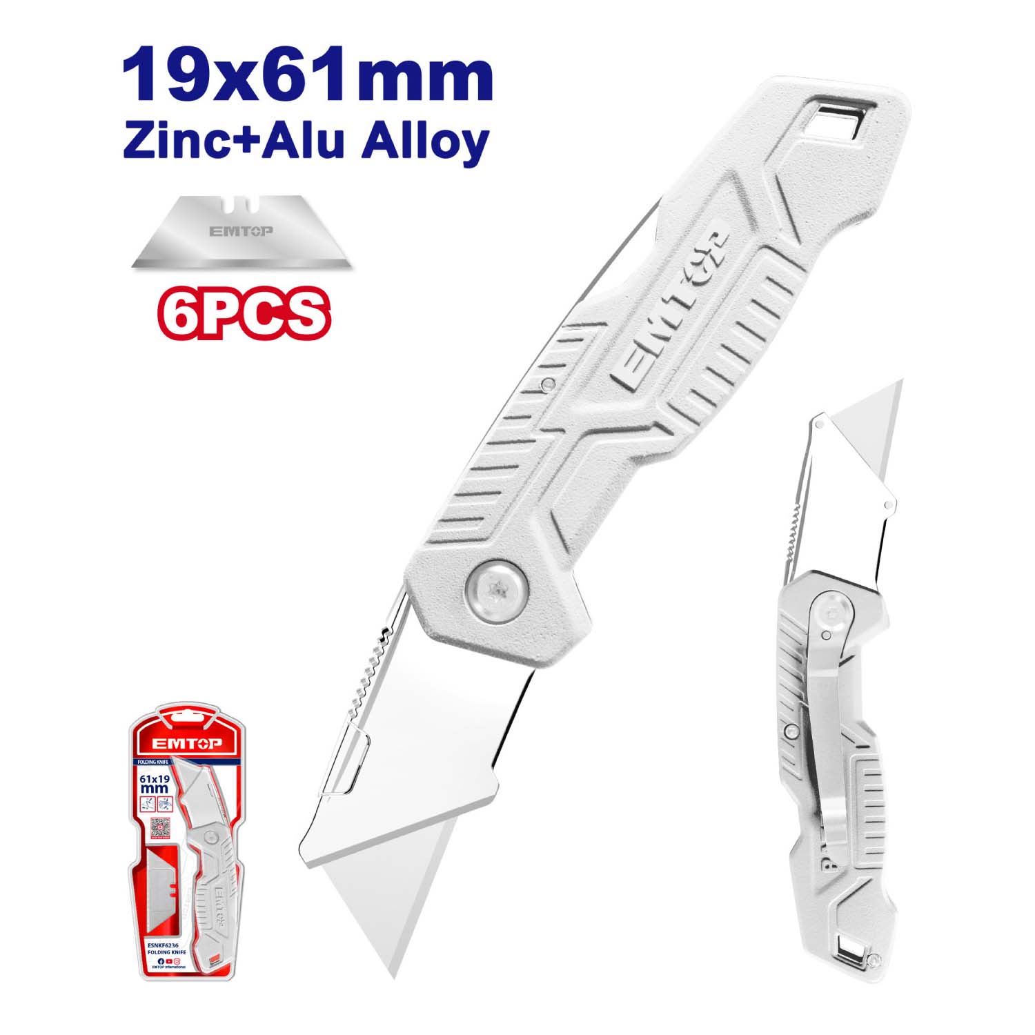 Emtop Folding Knife Carton Box Cutter (Includes 6 Blades) Pocket Knife Quick-Change Blade Heavy Duty Metal Handle with Belt Clip Retractable General Purpose Cutter 19 mm  Model ESNKF6236 5 Replacement
