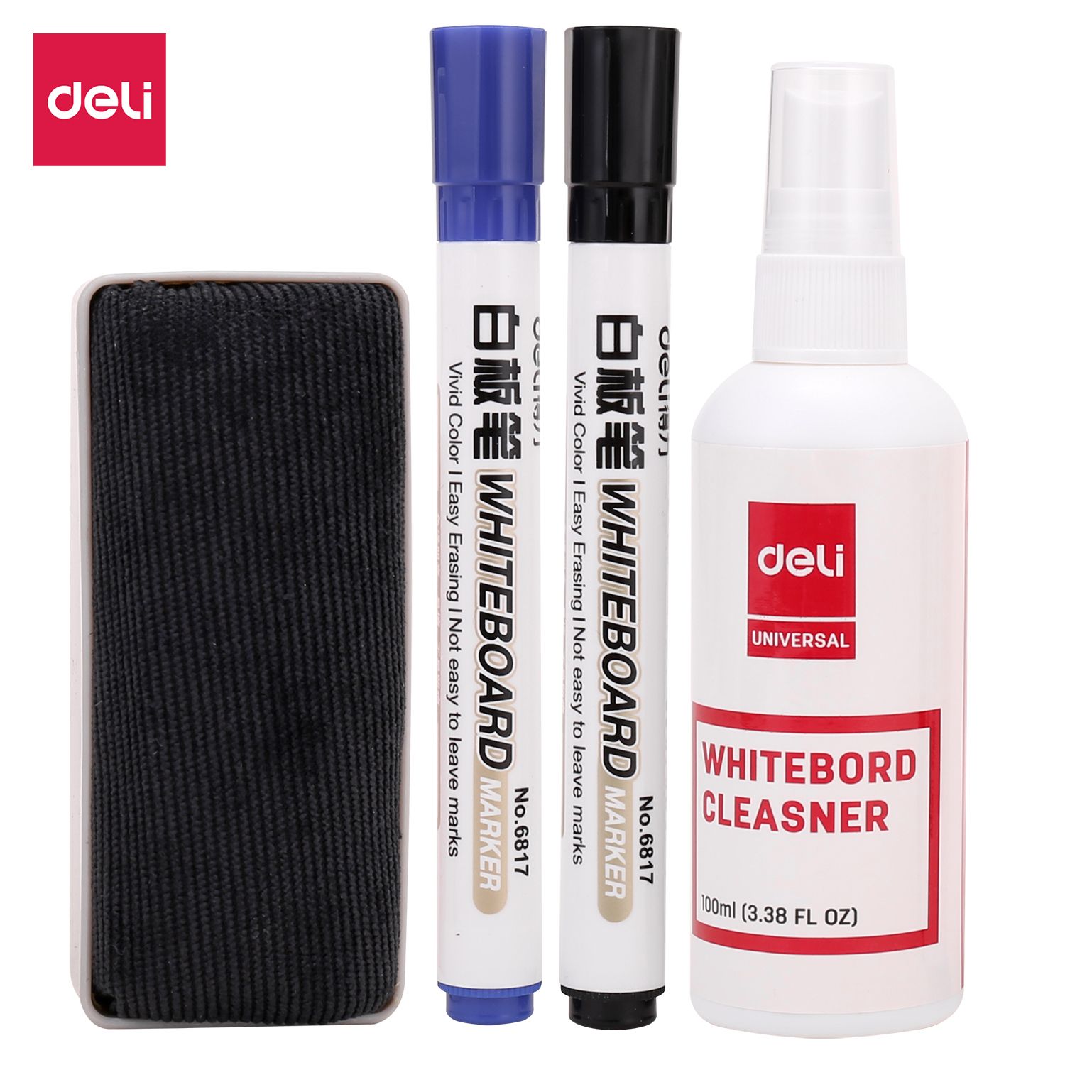 4pcs Whiteboard Accessories School Stationery Set, White Board Spray Cleaner 100ml, Blue & Black Markers, Eraser, Cleaner Duster Suitable for Classrooms, Offices, Meeting Rooms - Blister Pack 7839