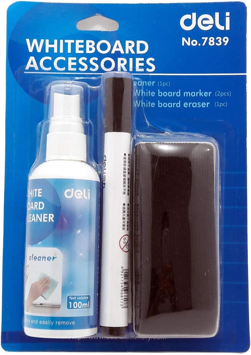 4pcs Whiteboard Accessories School Stationery Set, White Board Spray Cleaner 100ml, Blue & Black Markers, Eraser, Cleaner Duster Suitable for Classrooms, Offices, Meeting Rooms - Blister Pack 7839