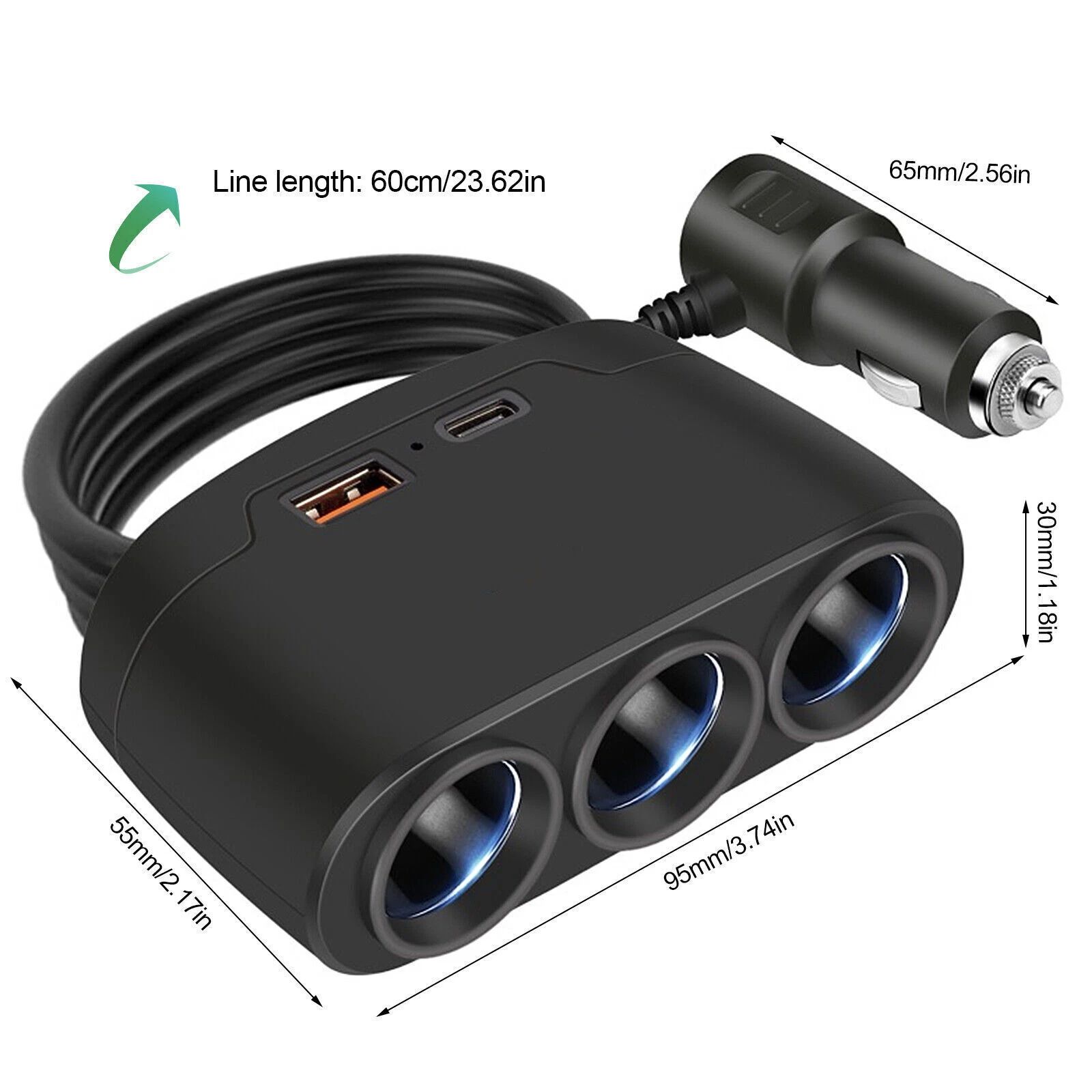 3 Way 12-24V Multi Socket Car Splitter USB Charger Adapter for Cars Trucks PD Fast Charging Mobile Phone Power Cigarette Lighter For Android IPhone IPad GPS Dashcam