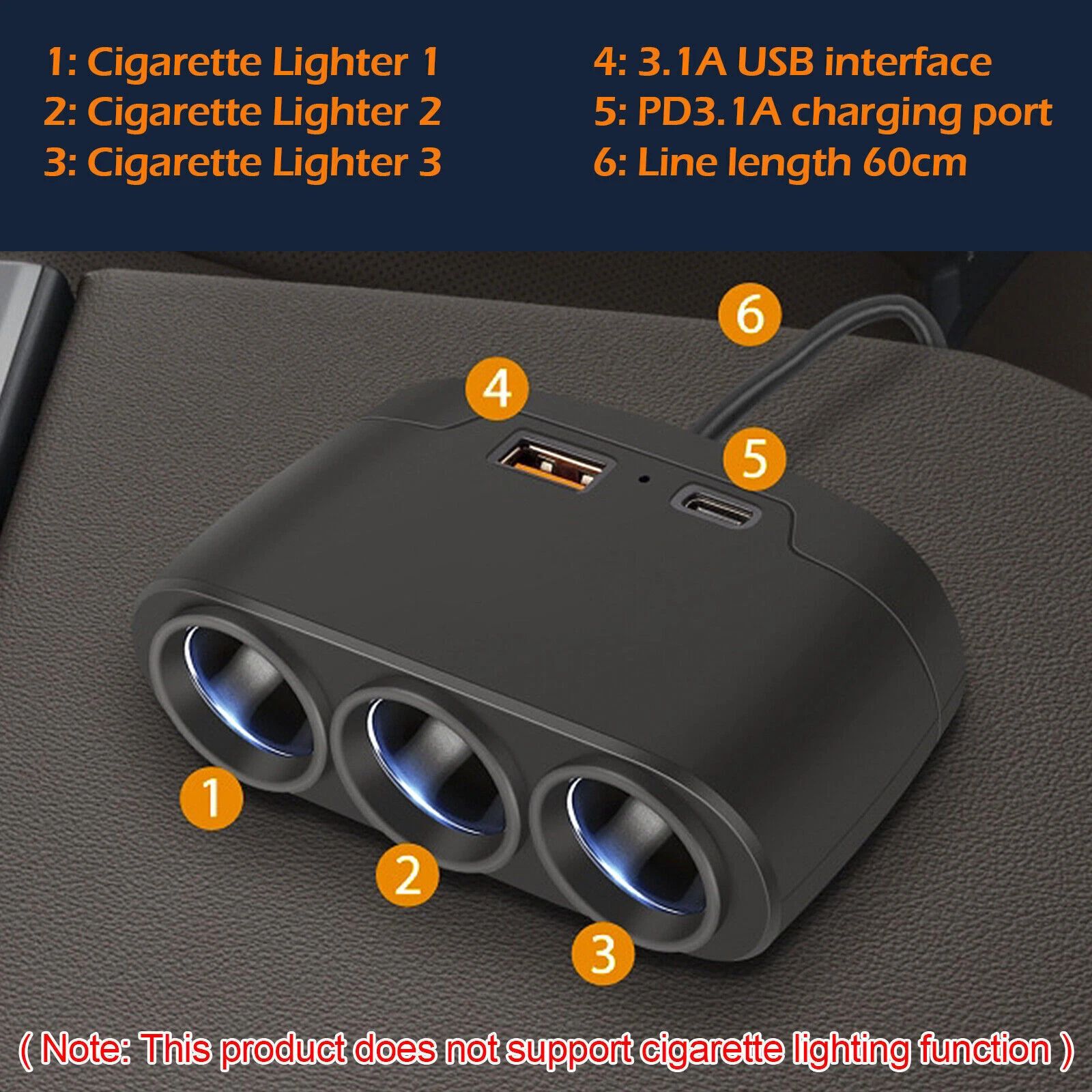 3 Way 12-24V Multi Socket Car Splitter USB Charger Adapter for Cars Trucks PD Fast Charging Mobile Phone Power Cigarette Lighter For Android IPhone IPad GPS Dashcam