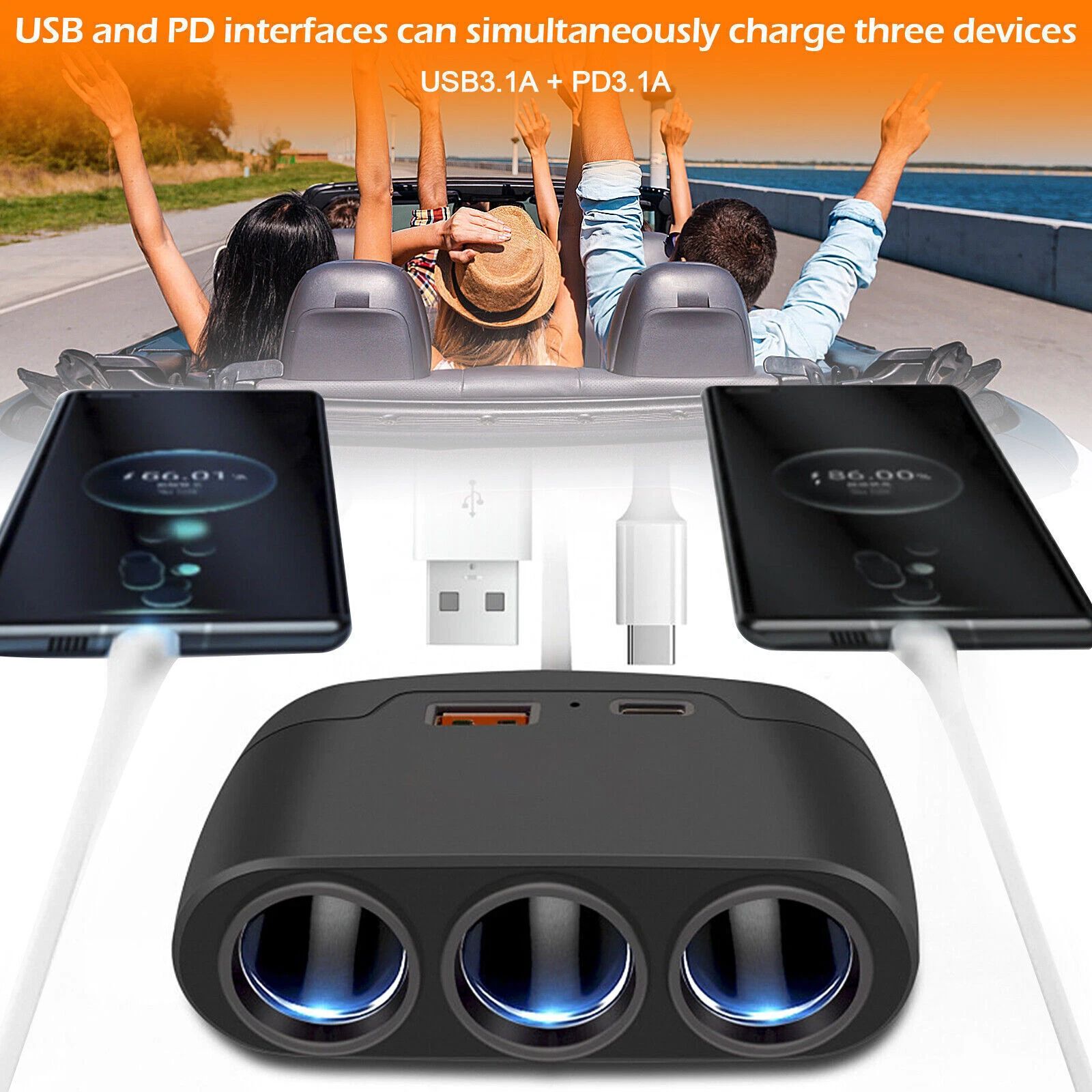 3 Way 12-24V Multi Socket Car Splitter USB Charger Adapter for Cars Trucks PD Fast Charging Mobile Phone Power Cigarette Lighter For Android IPhone IPad GPS Dashcam