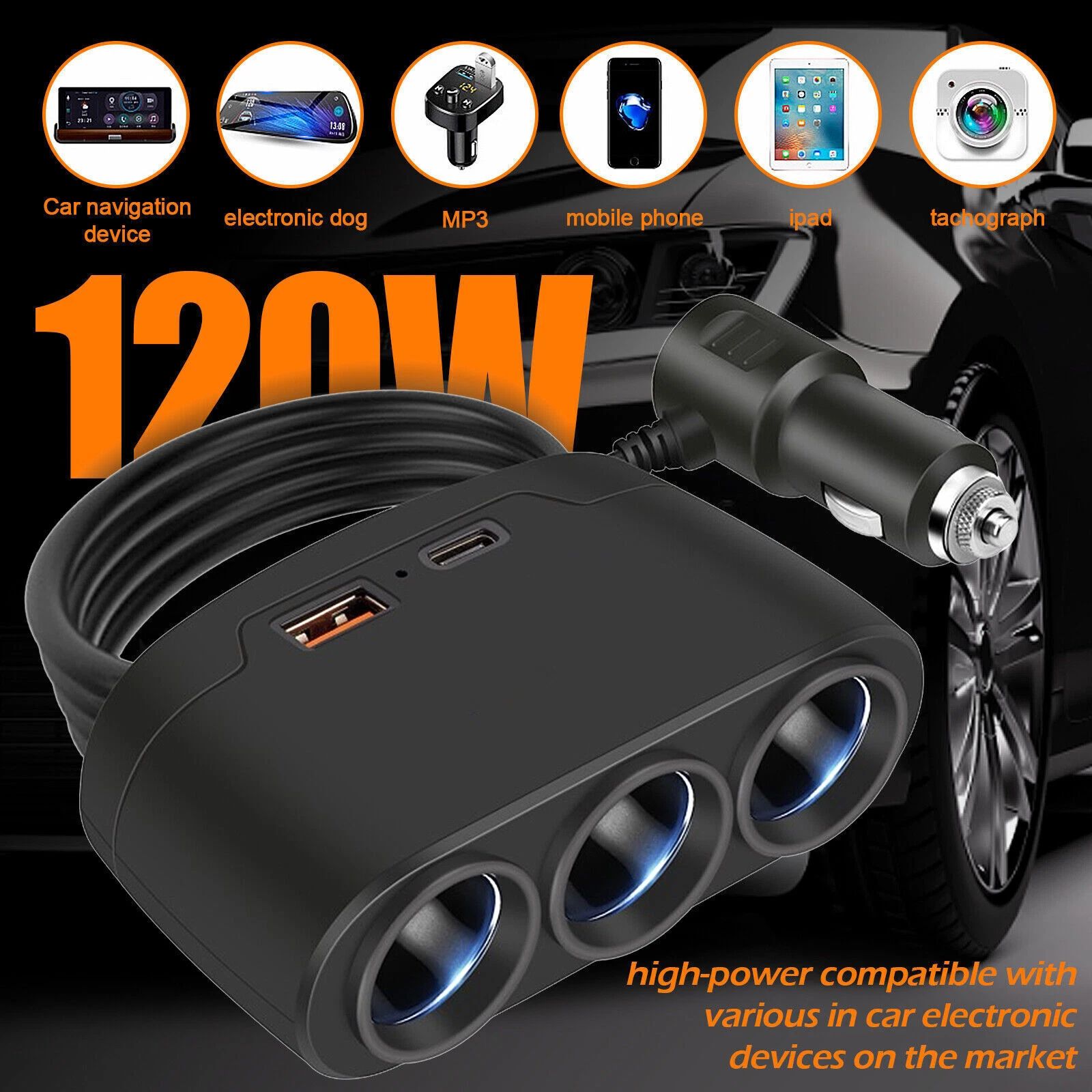 3 Way 12-24V Multi Socket Car Splitter USB Charger Adapter for Cars Trucks PD Fast Charging Mobile Phone Power Cigarette Lighter For Android IPhone IPad GPS Dashcam