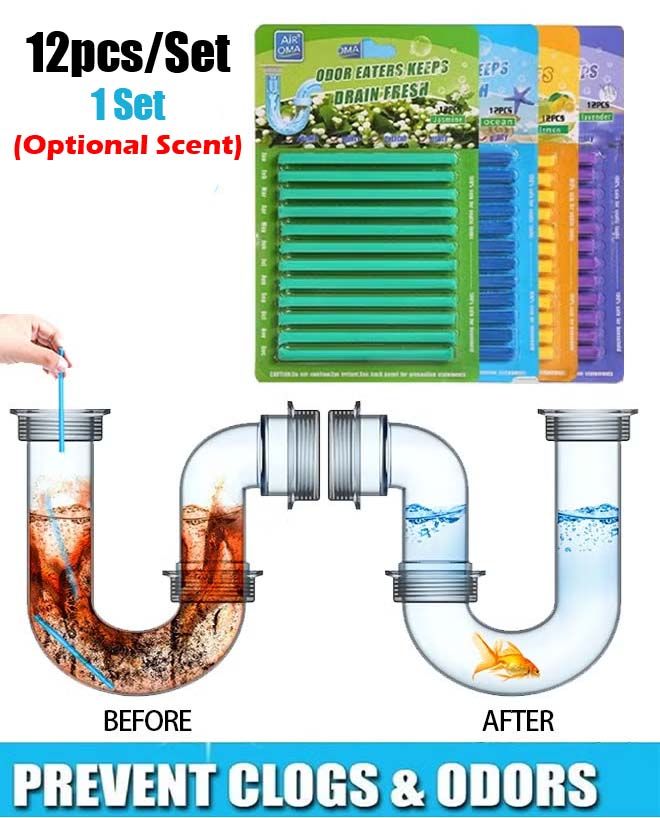 12pcs Air Oma Odor Eaters - Keeps Drain Fresh (Optional Scent: Lavender/Ocean/Lemon/Jasmine) Drain Cleaner & Deodorizer Sticks for Clogs Kitchen Bathroom Sinks Toilet Cleaning Unclog Odour of Pipes