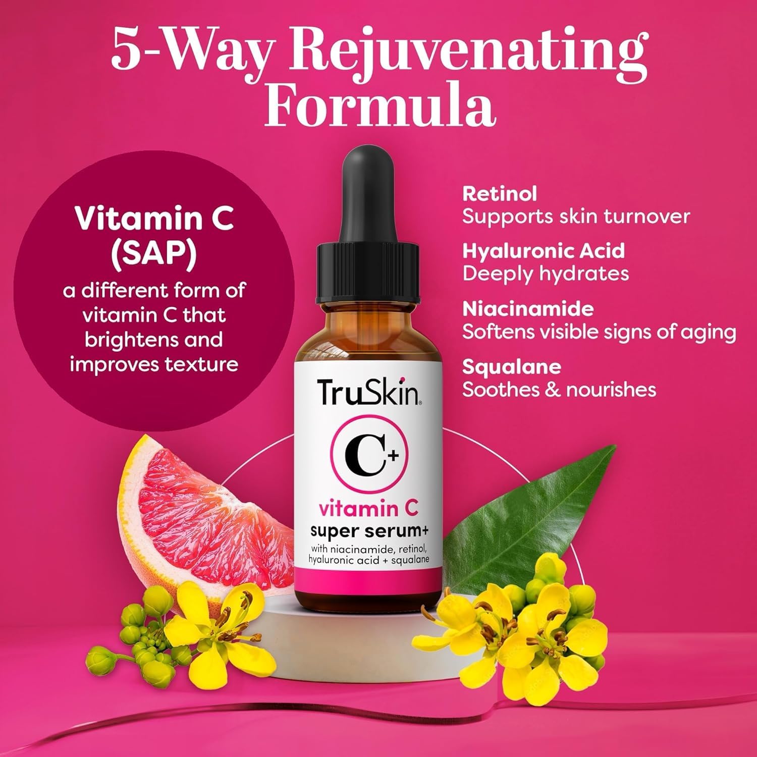 Truskin Vitamin C Super Serum for Face - Five Skin Benefits in One Serum with Vitamin C, Retinol, Niacinamide, Hyaluronic Acid & Squalane - Brighten, Firm & Smooth the Look of Skin - 1 fl oz