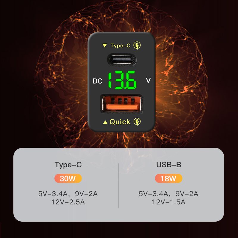 Car Charger Embedded Adapter Dual USB PD+QC3.0 Fast Charge for Toyota, Type C USB Car Slot Power Socket with LED Voltmeter Display, Compatible with 12/24V Cars