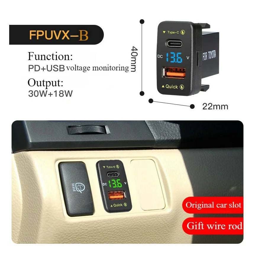 Car Charger Embedded Adapter Dual USB PD+QC3.0 Fast Charge for Toyota, Type C USB Car Slot Power Socket with LED Voltmeter Display, Compatible with 12/24V Cars