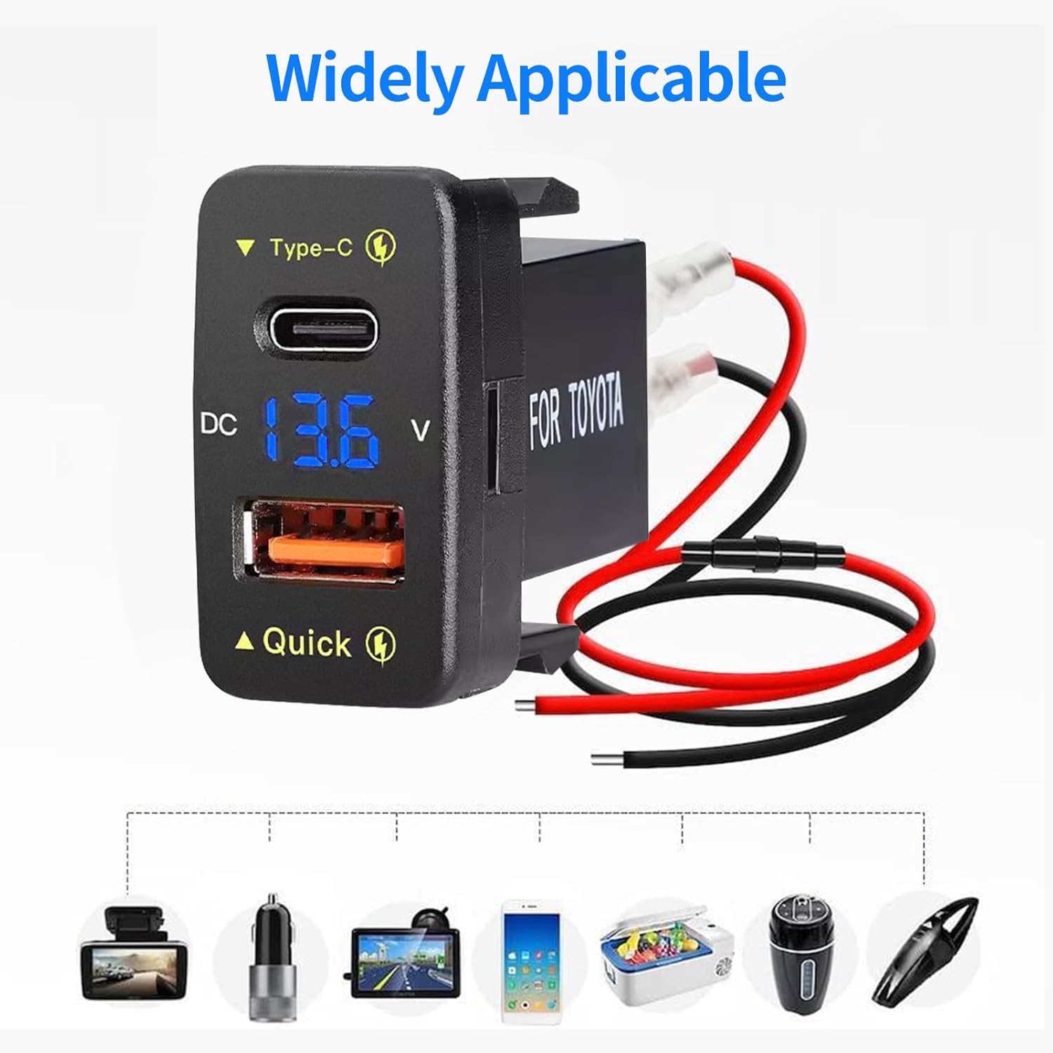 Car Charger Embedded Adapter Dual USB PD+QC3.0 Fast Charge for Toyota, Type C USB Car Slot Power Socket with LED Voltmeter Display, Compatible with 12/24V Cars