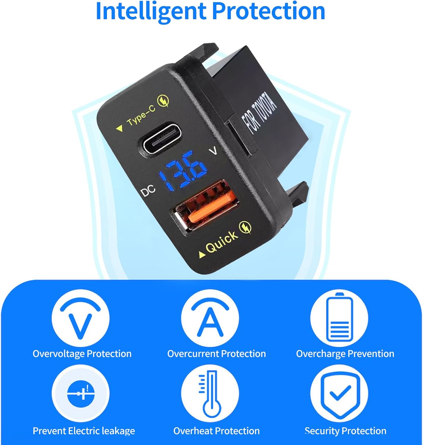 Car Charger Embedded Adapter Dual USB PD+QC3.0 Fast Charge for Toyota, Type C USB Car Slot Power Socket with LED Voltmeter Display, Compatible with 12/24V Cars