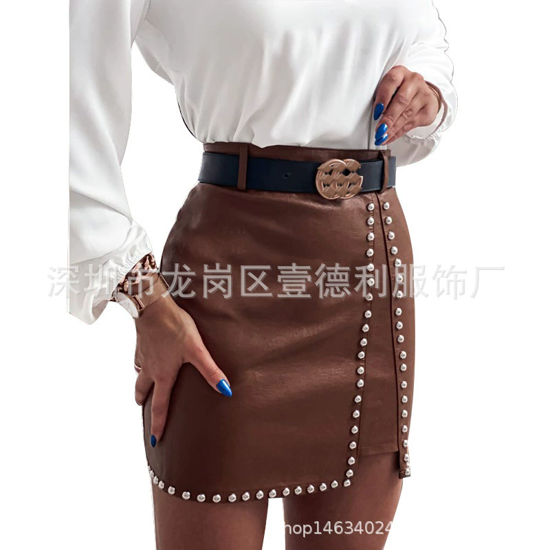 Fashion Short Leather Skirt Black Beading High Waist Skinny Women Skirt Sexy Club Party Mini Skirts
