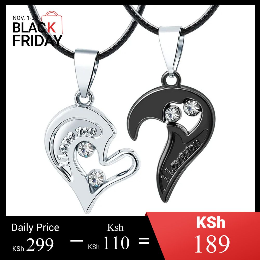 2Pcs/Set Couple Heart Shape I Love You Pendant Necklace Lovers Couples Jewelry Valentine's Gift，Fashion Couple Necklace Jewelry Unisex Lovers Couples Necklaces & Pendants Black+silver,As picture