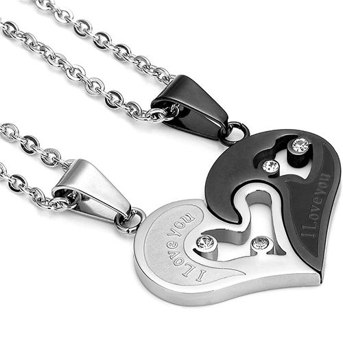 2Pcs/Set Couple Heart Shape I Love You Pendant Necklace Lovers Couples Jewelry Valentine's Gift，Fashion Couple Necklace Jewelry Unisex Lovers Couples Necklaces & Pendants Black+silver,As picture