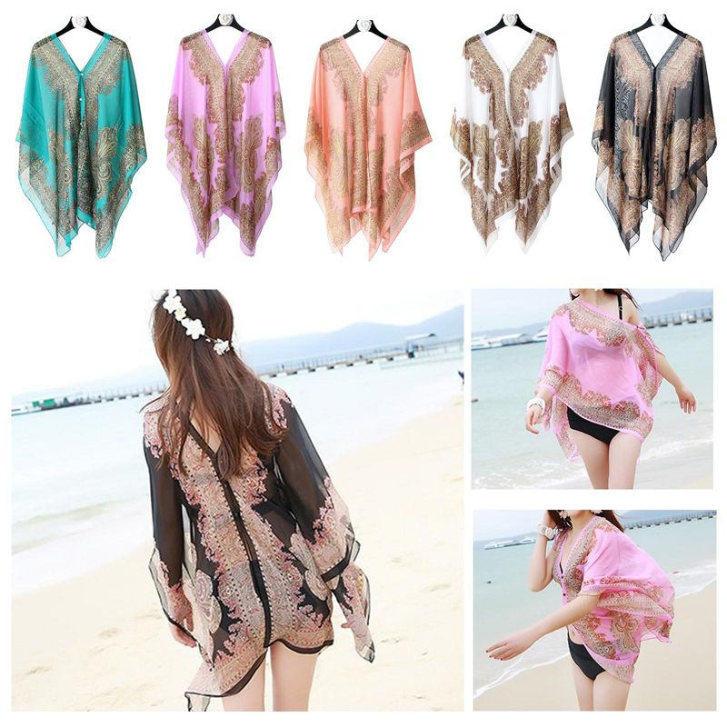Woman Chiffon Blouse Fashion Women Scarf Shawl Printed Sunscreen Sun Protection Shawl Beach Shawl Soft Loose Bikini Cover Tops