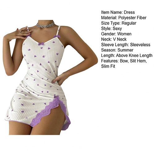 New style heart-shaped print contrast color home clothes split lace lace bow suspender nightdress