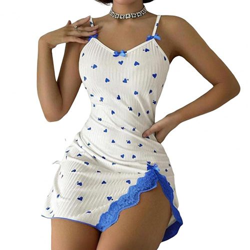 New style heart-shaped print contrast color home clothes split lace lace bow suspender nightdress