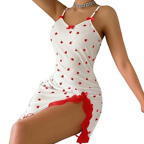 New style heart-shaped print contrast color home clothes split lace lace bow suspender nightdress