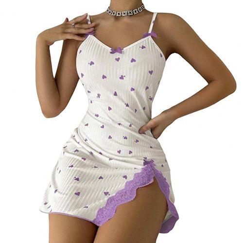 New style heart-shaped print contrast color home clothes split lace lace bow suspender nightdress
