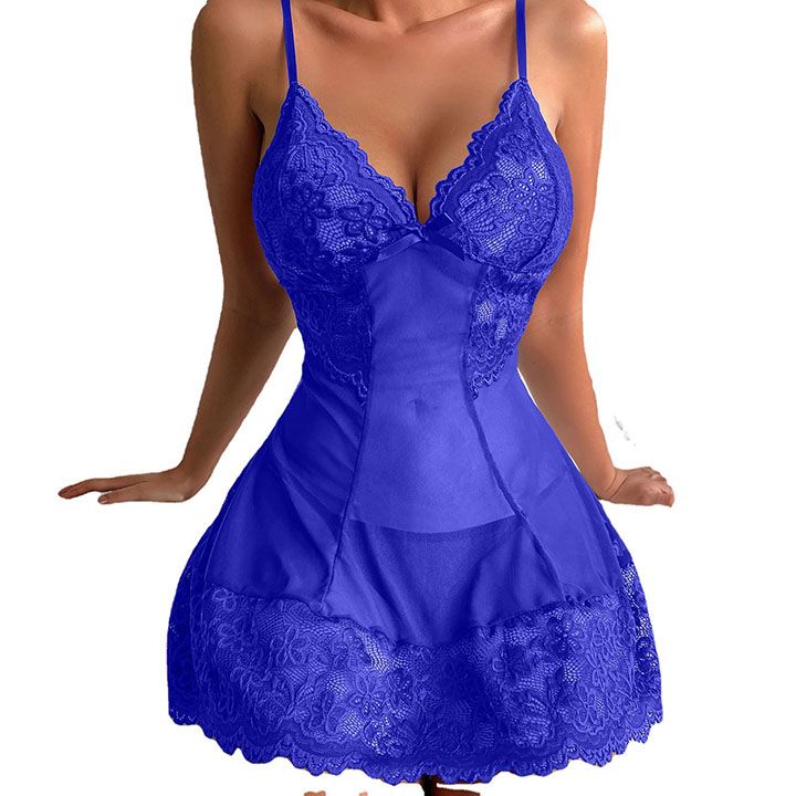 Sultry Lace Babydoll Nightgown & Thong Set, Patchwork Mesh Scallop Trim Slips, Chemise Lingerie for Women Sexy