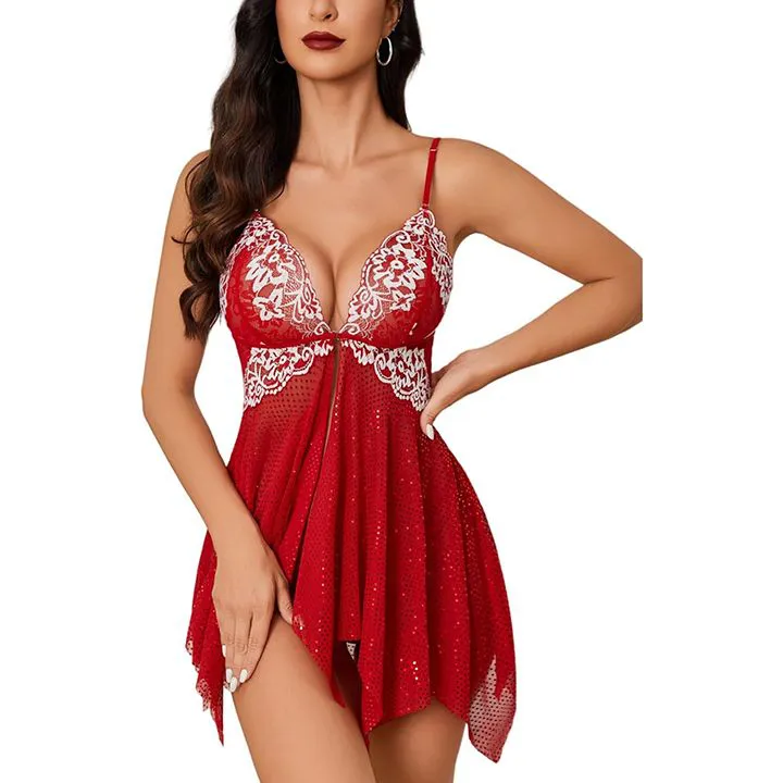 Women Lace Lingerie Front Closure Babydoll V Neck Nightwear Sexy Chemise Nightie