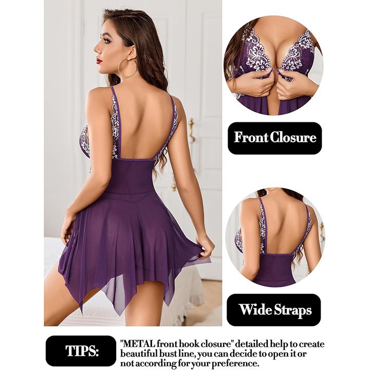 Women Lace Lingerie Front Closure Babydoll V Neck Nightwear Sexy Chemise Nightie