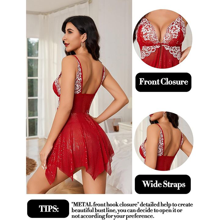 Women Lace Lingerie Front Closure Babydoll V Neck Nightwear Sexy Chemise Nightie