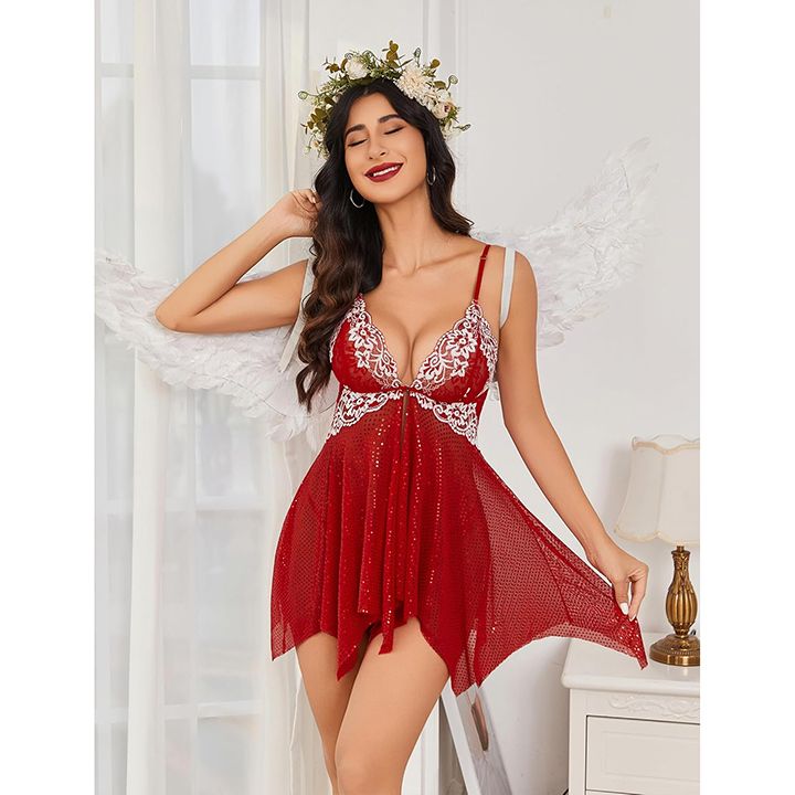 Women Lace Lingerie Front Closure Babydoll V Neck Nightwear Sexy Chemise Nightie