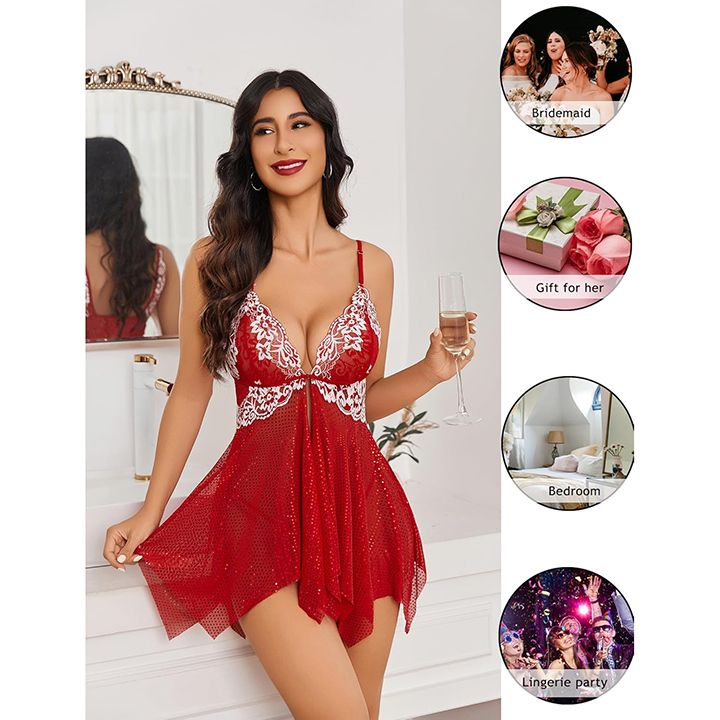 Women Lace Lingerie Front Closure Babydoll V Neck Nightwear Sexy Chemise Nightie