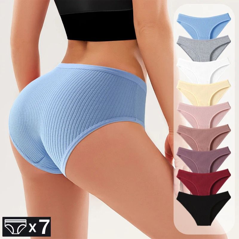 7Pcs Underwear Panties Striped Briefs for Women Low-Rise Women Anti-bacterial Breathable Cotton Comfortable Female Soft Underwear Solid Colors Ladies Underpants for Daily Wear and Sports