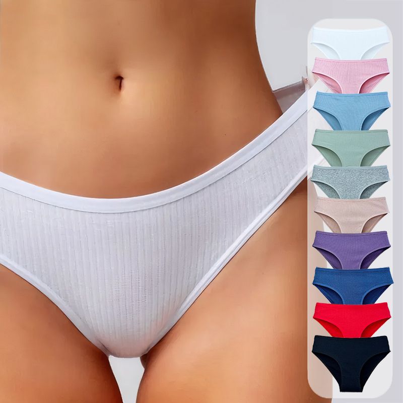 7Pcs Underwear Panties Striped Briefs for Women Low-Rise Women Anti-bacterial Breathable Cotton Comfortable Female Soft Underwear Solid Colors Ladies Underpants for Daily Wear and Sports
