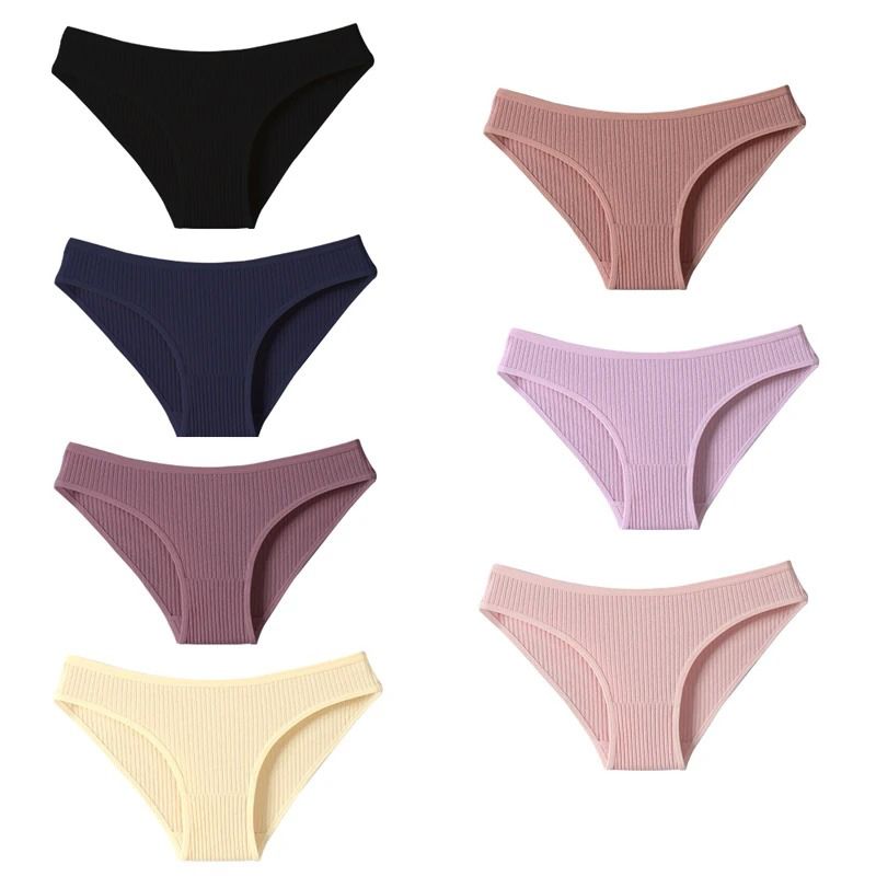 7Pcs Underwear Panties Striped Briefs for Women Low-Rise Women Anti-bacterial Breathable Cotton Comfortable Female Soft Underwear Solid Colors Ladies Underpants for Daily Wear and Sports