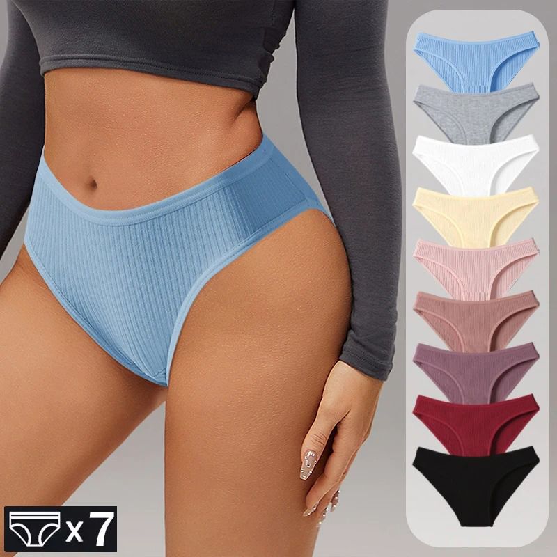 7Pcs Underwear Panties Striped Briefs for Women Low-Rise Women Anti-bacterial Breathable Cotton Comfortable Female Soft Underwear Solid Colors Ladies Underpants for Daily Wear and Sports