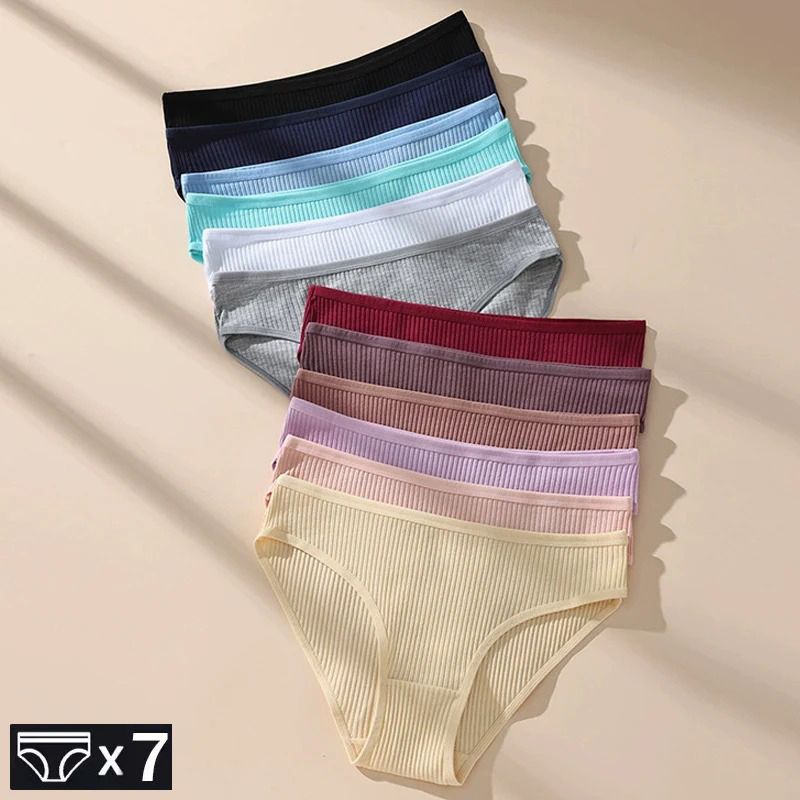 7Pcs Underwear Panties Striped Briefs for Women Low-Rise Women Anti-bacterial Breathable Cotton Comfortable Female Soft Underwear Solid Colors Ladies Underpants for Daily Wear and Sports