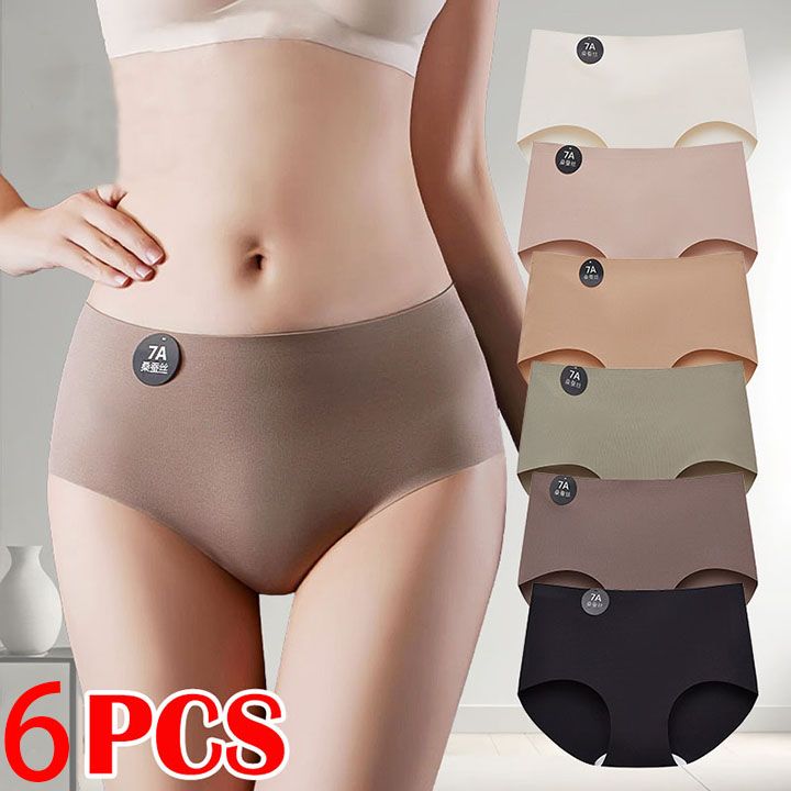 6PCS/Set Women Panties Slip Silk Seamless Briefs Ladies Cotton Crotch Lingerie Comfy Invisible Briefs Girls Quick Drying Underwear Women Underwear Soft Thin Light Panty Culotte Femme Underpants