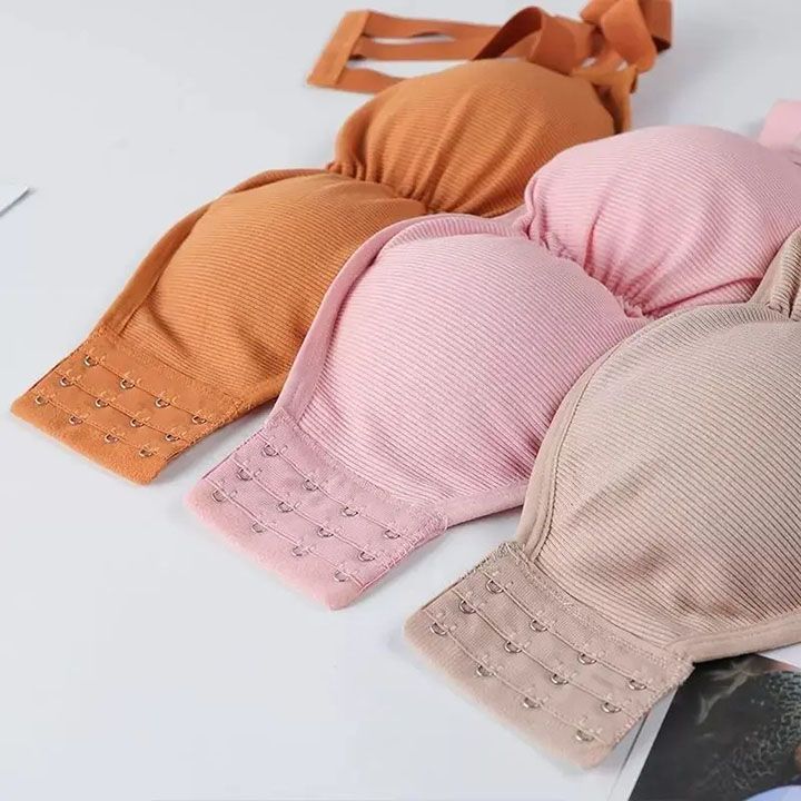 Women Strapless Ruched Push Up Bra Padded Hollow Out Backless Wireless Underwear Bandeau Thread Ribbed Adjustabable Bralette Lingerie