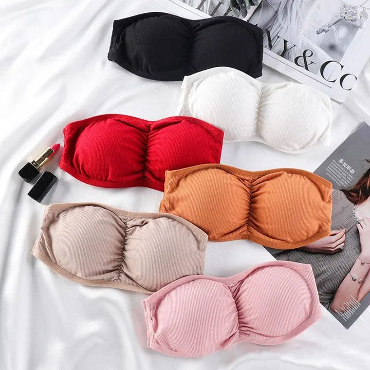 Women Strapless Ruched Push Up Bra Padded Hollow Out Backless Wireless Underwear Bandeau Thread Ribbed Adjustabable Bralette Lingerie