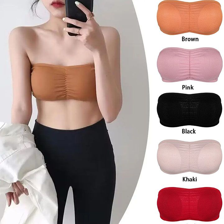 Women Strapless Ruched Push Up Bra Padded Hollow Out Backless Wireless Underwear Bandeau Thread Ribbed Adjustabable Bralette Lingerie