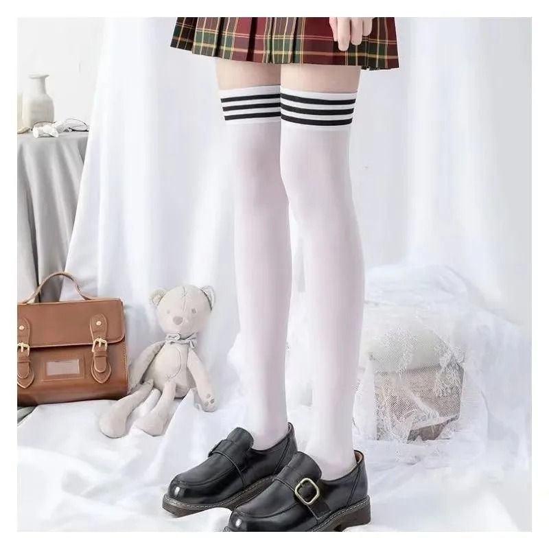 Women's Stockings Thigh High Socks 1 Pair Plus Size for Thick Thighs Highs Widened Extra Long Thick Striped Knit Socks Stockings Solid Color Knee-High Socks Lolita Slimming