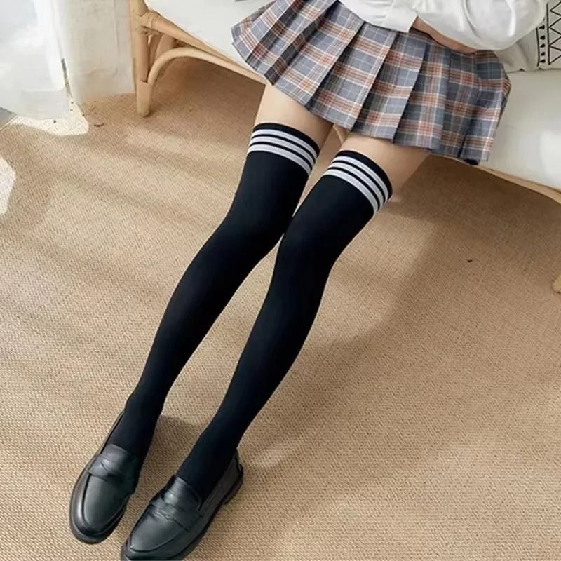 Women's Stockings Thigh High Socks 1 Pair Plus Size for Thick Thighs Highs Widened Extra Long Thick Striped Knit Socks Stockings Solid Color Knee-High Socks Lolita Slimming