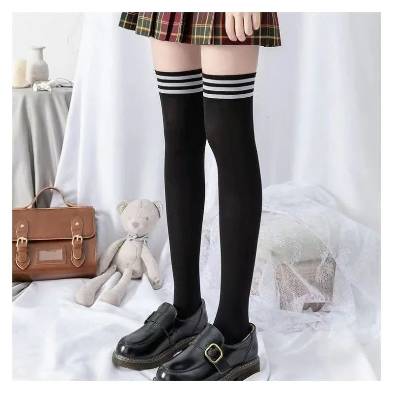 Women's Stockings Thigh High Socks 1 Pair Plus Size for Thick Thighs Highs Widened Extra Long Thick Striped Knit Socks Stockings Solid Color Knee-High Socks Lolita Slimming