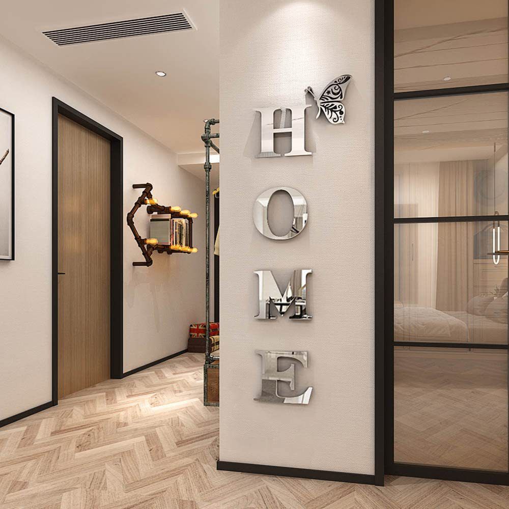 5 Pcs 3D Home Wall Decor Letter Sign Acrylic Mirror Wall Stickers Wall Decor Entryway Doorway Decorations Stickers with Butterfly for Living Room Bedroom Family Farmhouse Wall Decals  39 x 13.7 Inch
