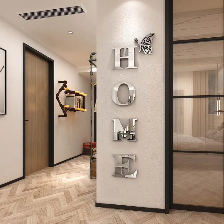 5 Pcs 3D Home Wall Decor Letter Sign Acrylic Mirror Wall Stickers Wall Decor Entryway Doorway Decorations Stickers with Butterfly for Living Room Bedroom Family Farmhouse Wall Decals  39 x 13.7 Inch