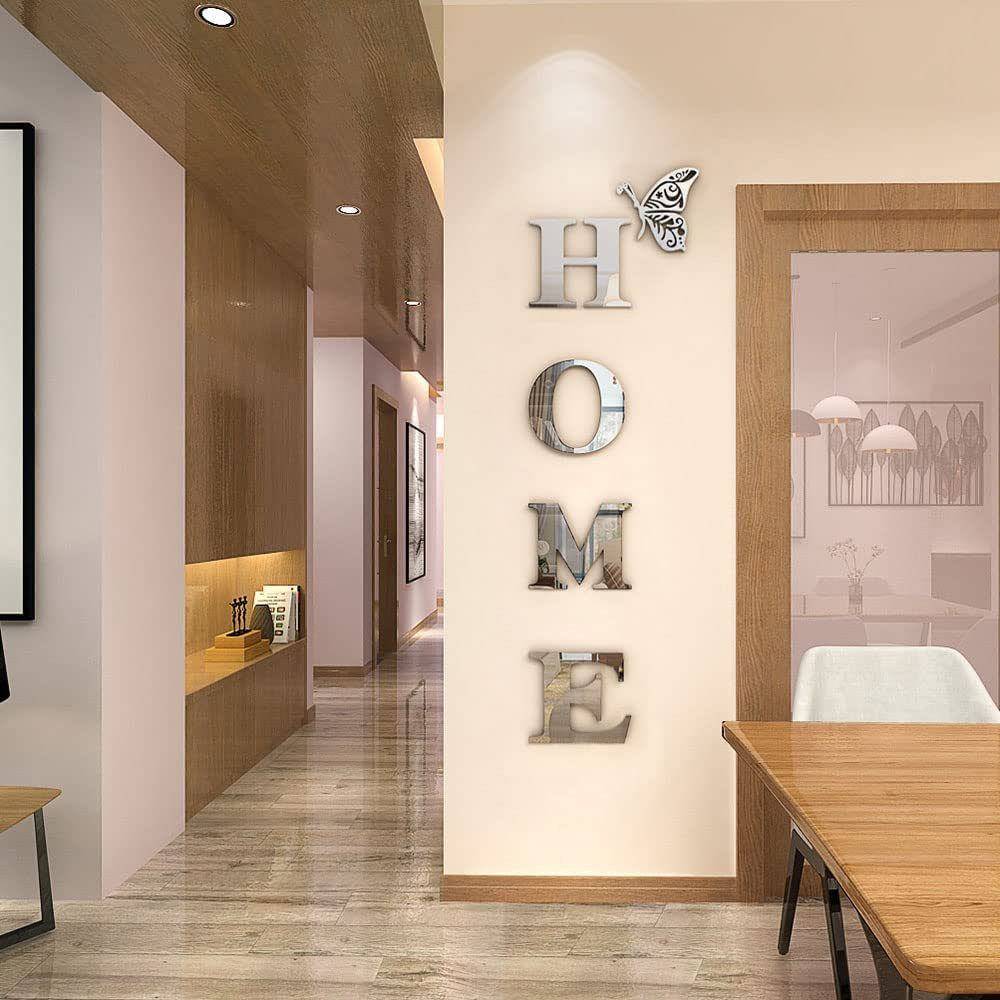 5 Pcs 3D Home Wall Decor Letter Sign Acrylic Mirror Wall Stickers Wall Decor Entryway Doorway Decorations Stickers with Butterfly for Living Room Bedroom Family Farmhouse Wall Decals  39 x 13.7 Inch