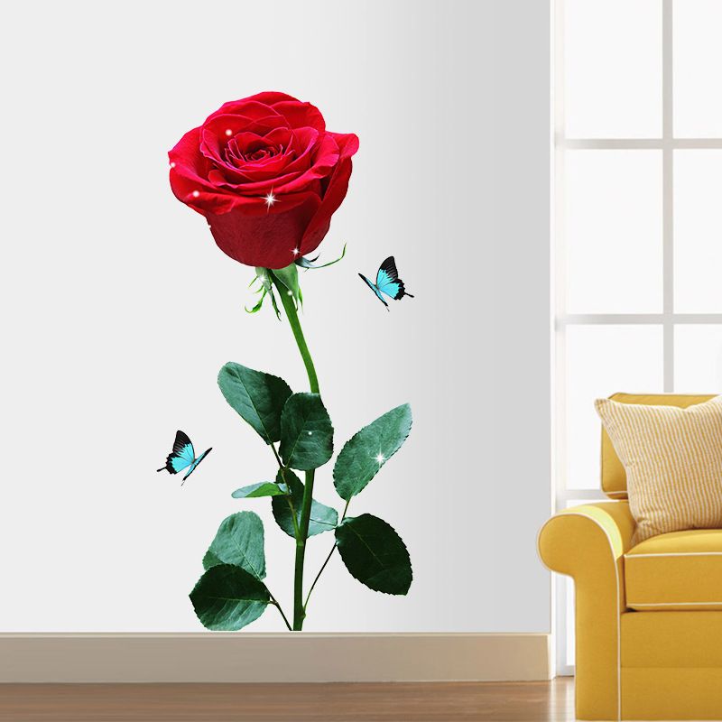 Large Red Rose Wall Stickers Rose Flower PVC Wall Decal Red Peony Floral DIY Mural Art for Bedroom Living Room Sofa Backdrop TV Wall Decoration Butterflies Sticker
