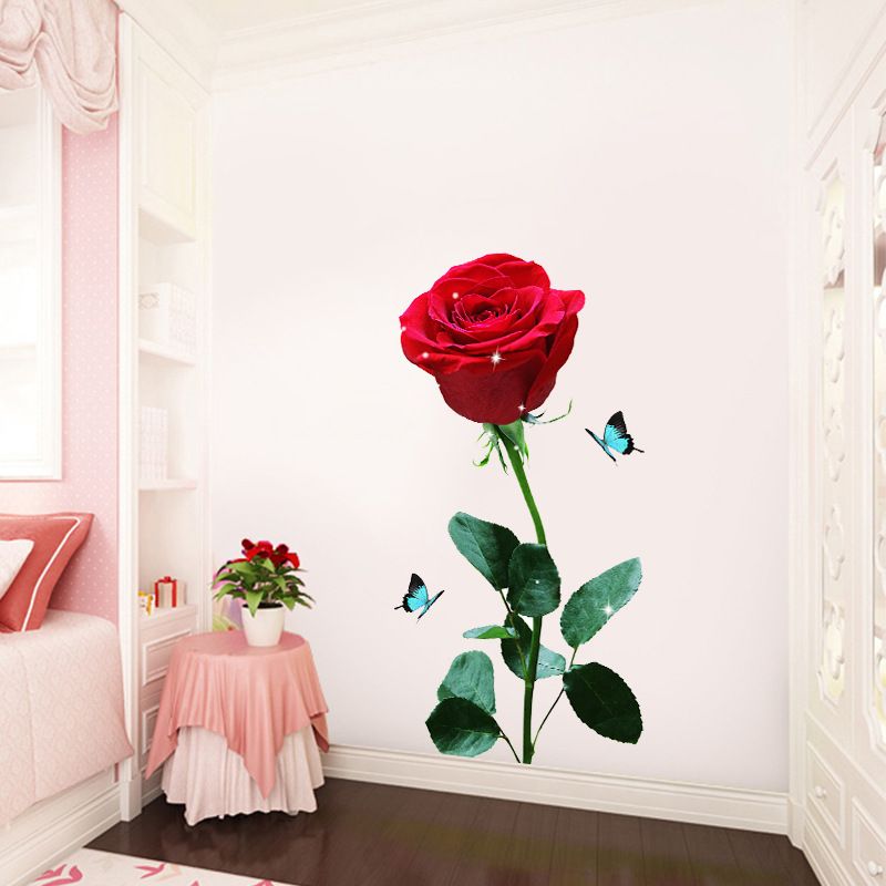 Large Red Rose Wall Stickers Rose Flower PVC Wall Decal Red Peony Floral DIY Mural Art for Bedroom Living Room Sofa Backdrop TV Wall Decoration Butterflies Sticker
