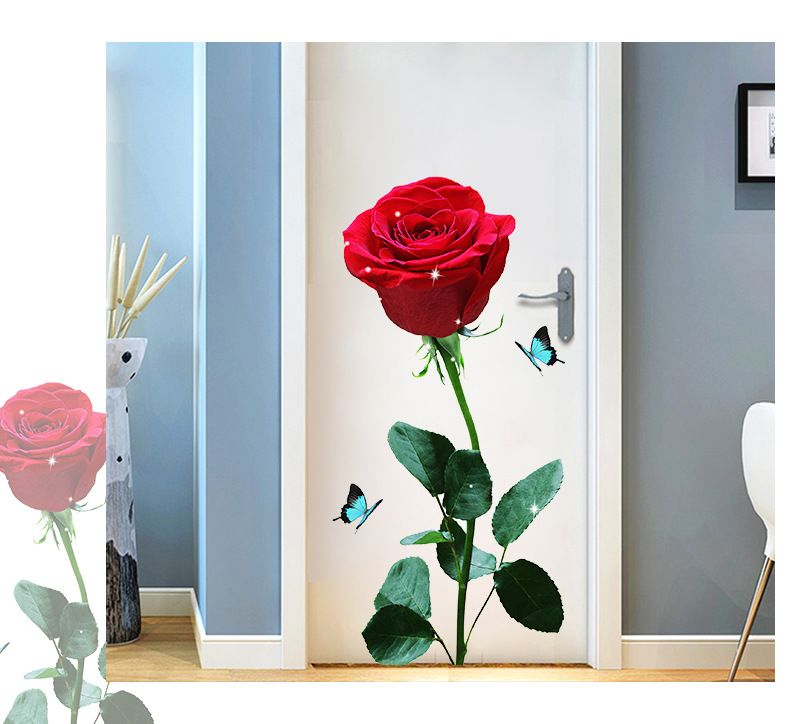 Large Red Rose Wall Stickers Rose Flower PVC Wall Decal Red Peony Floral DIY Mural Art for Bedroom Living Room Sofa Backdrop TV Wall Decoration Butterflies Sticker