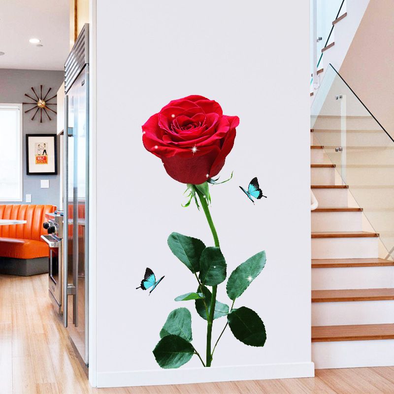Large Red Rose Wall Stickers Rose Flower PVC Wall Decal Red Peony Floral DIY Mural Art for Bedroom Living Room Sofa Backdrop TV Wall Decoration Butterflies Sticker
